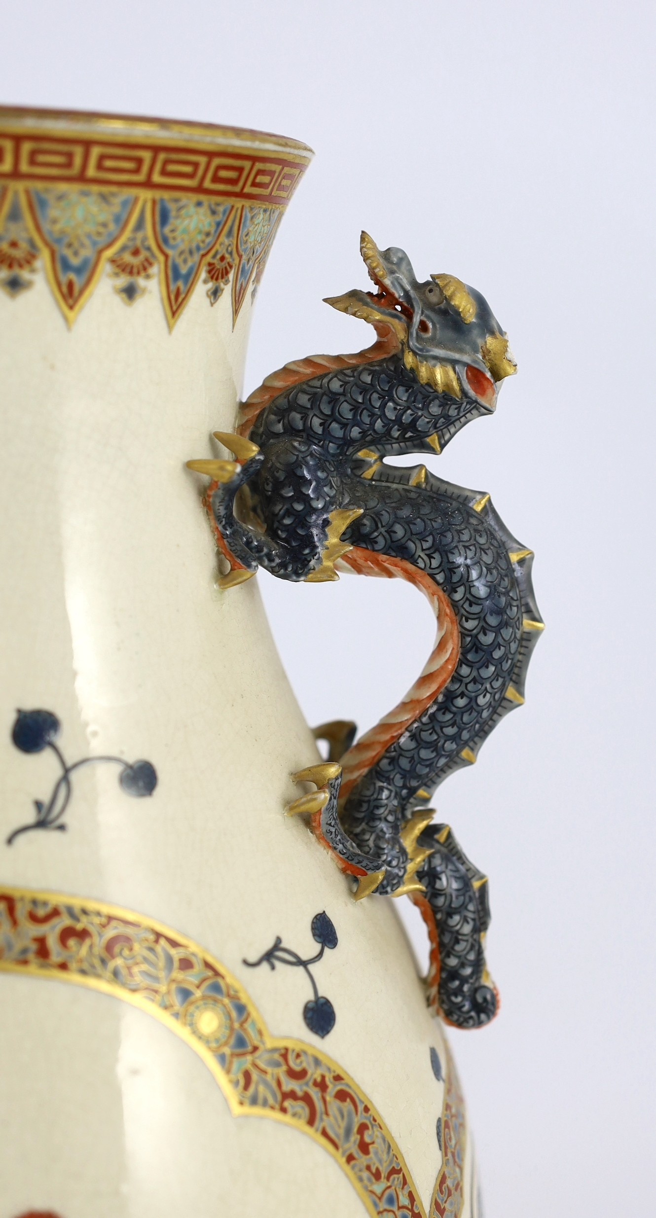 A large Japanese Satsuma pottery vase, late 19th century, 33.5cm, some damage to handles